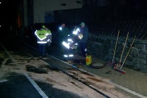 Bild: Die Einsatzkräfte mussten ausgelaufene Betriebsstoffe der beteiligten Fahrzeuge mit Bindemittel aufnehmen