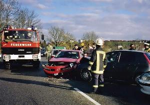 Bild: Die Feuerwehr musste auslaufende Betriebsstoffe mit Bindemitteln aufnehmen und die Unfallstelle absichern