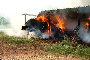 Bild: Zahlreiche Rundballen, die in der Scheune gelagert waren standen in Flammen