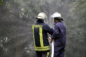 Bild: Gemeinsam &amp;uuml;bten die Feuerwehren aus drei Landkreisen die kreis&amp;uuml;berschreitende Zusammenarbeit