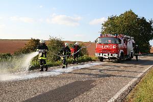 Bild: Mit Bindemittel musste die Feuerwehr die Fahrbahn reinigen
