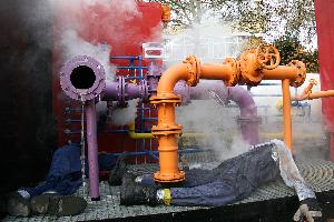 Bild: Durch einen Rohrabriss und eine Leckage trat ein brennbarer, giftiger Stoff aus einer Produktionsanlage