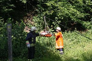 Bild: Mit der Schleifkorbtrage wird der verletzte Waldarbeiter aus dem Wald gebracht