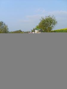 Bild: Eine gerissene Hydraulikleitung an einem landwirtschaftlichen Anhänger verursachte eine dicke Ölspur auf der B269