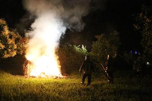 Bild: Ein Heuhaufen brannte hinter einer Hecke an der Zufahrt zum Marienhof